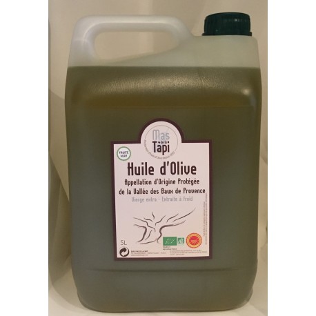 Huile d'olive en bidon de 5 litres certifiée Biologique par ECOCERT FRANCE FR BIO 01 en AOP Vallée des Baux de Provence
